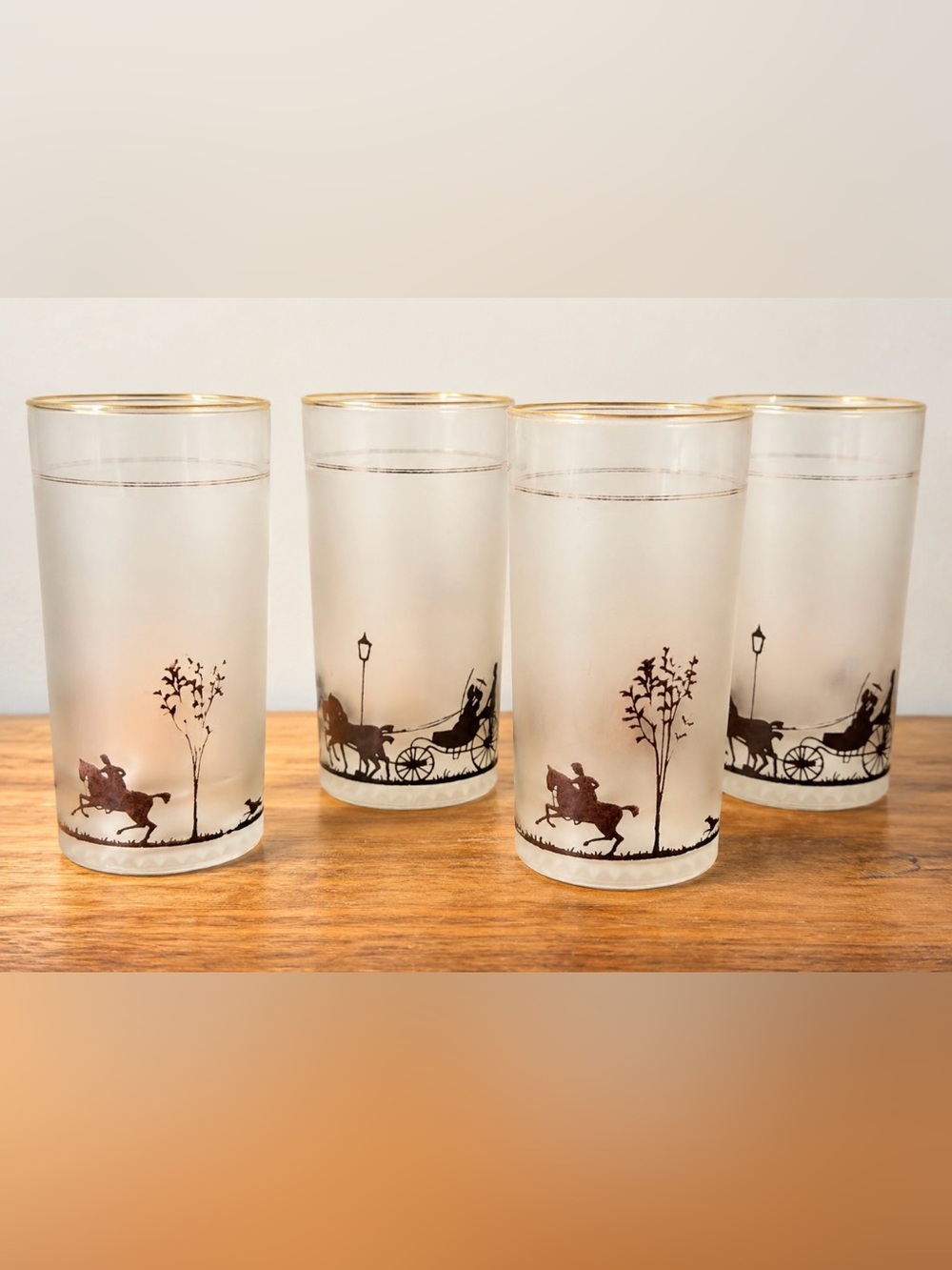 Vintage Frosted Highball Glasses with Black Silhouette Horse & Carriage Design
